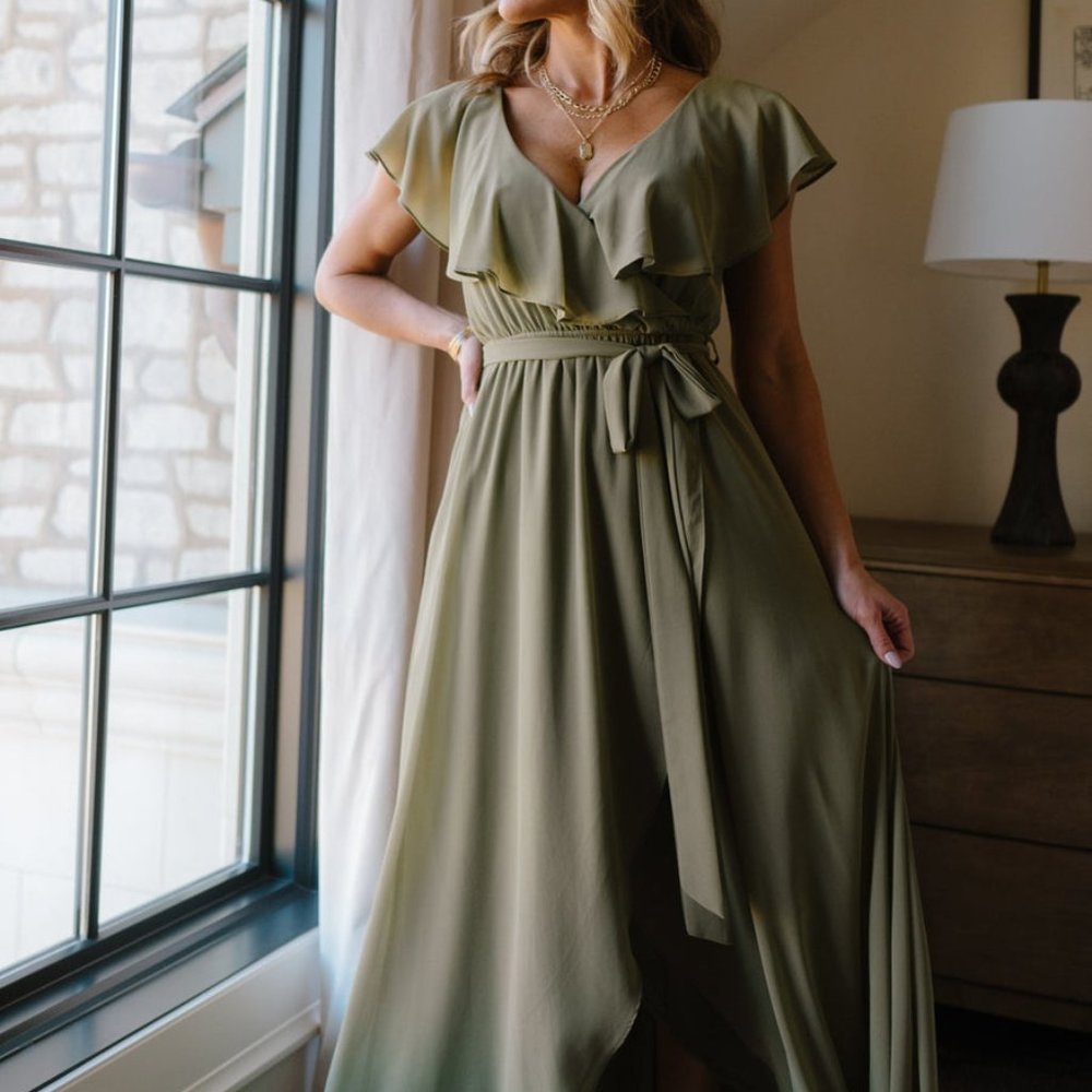 BUMP-FRIENDLY Katya Ruffle Maxi Dress in Dusty Olive Green